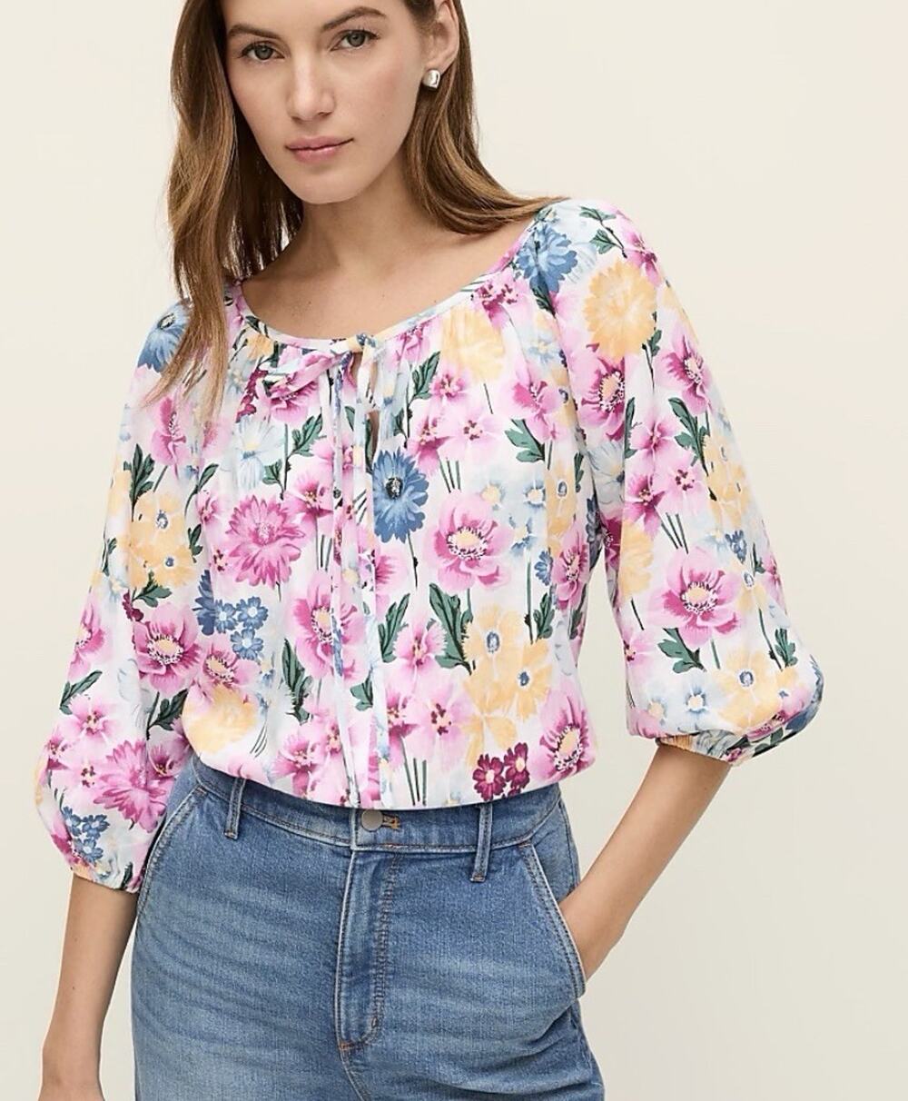 Ann Taylor Weekend Linen Rayon Floral Blouse L Vibrant Bloom Peasant